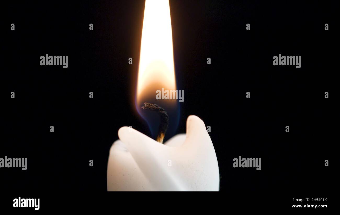 Close up detail of white wax lit candle flame and wick on isolated ...