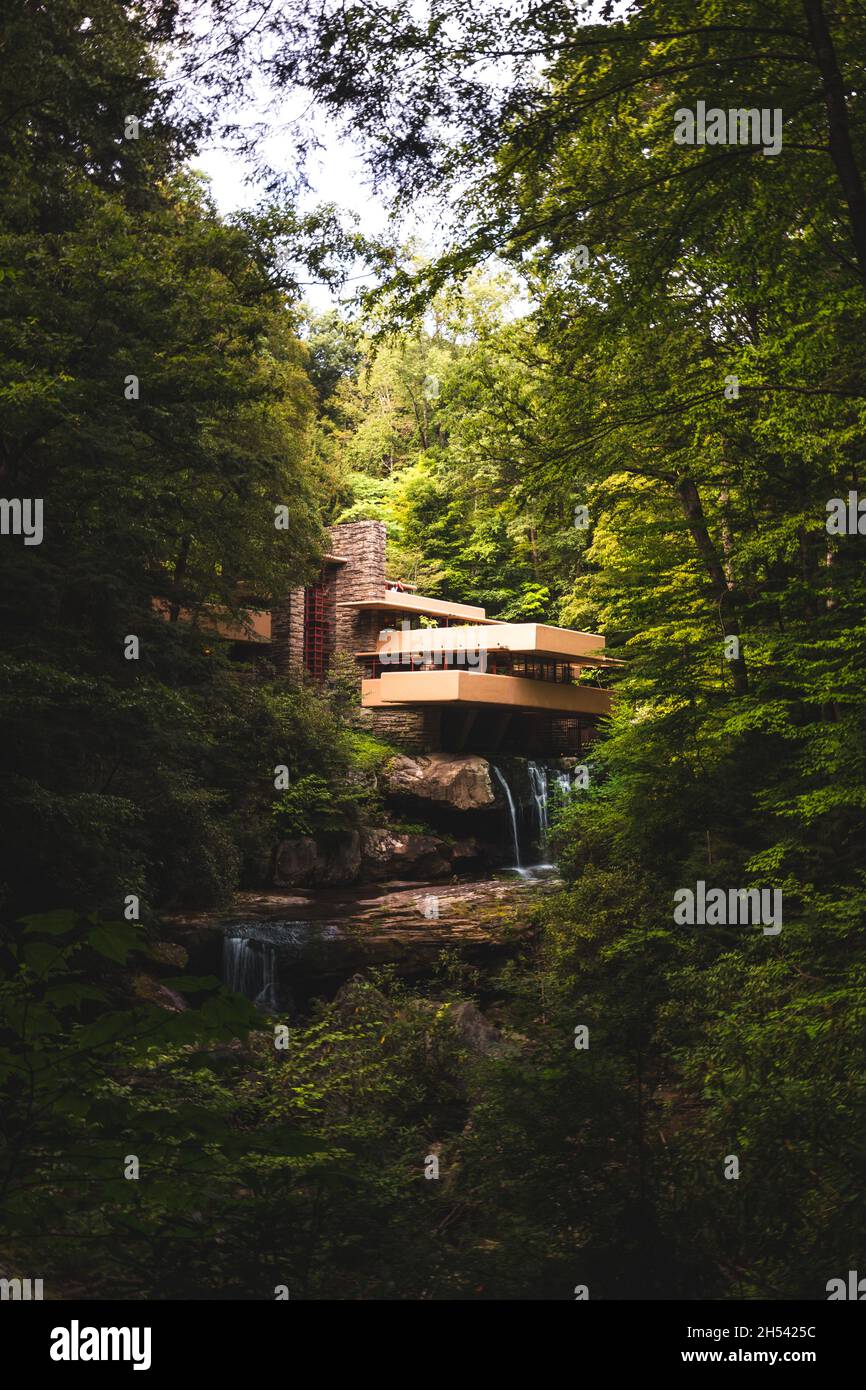 A classic image of the Fallingwater home scene from downriver near Ohiopyle, Pennsylvania. Stock Photo