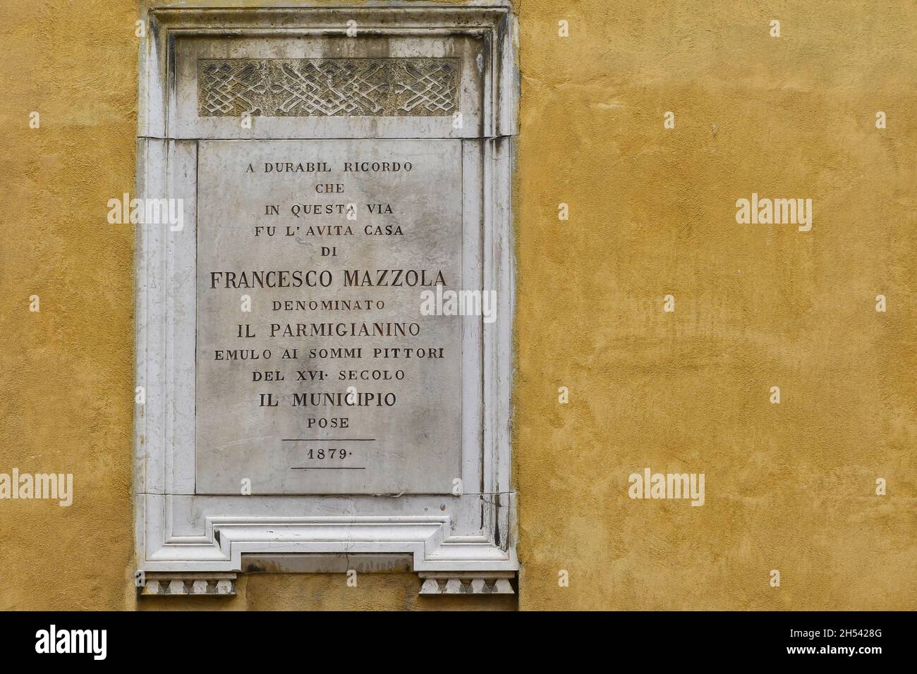 Memorial stone plate dedicated to Francesco Mazzola, commonly know as Parmigianino (1503-1540), Italian painter and printmaker, Parma, Emilia-Romagna Stock Photo