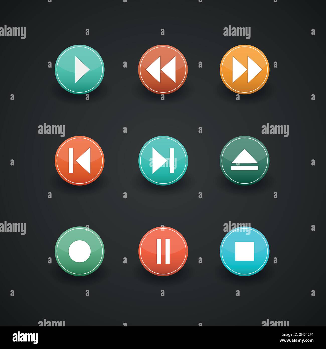 Media player web icons, color circle buttons Stock Vector