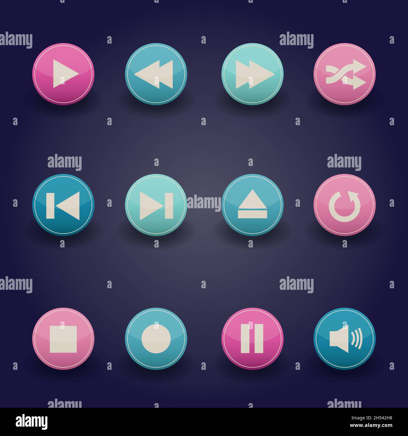Media player web icons, color buttons eps 10 Stock Vector