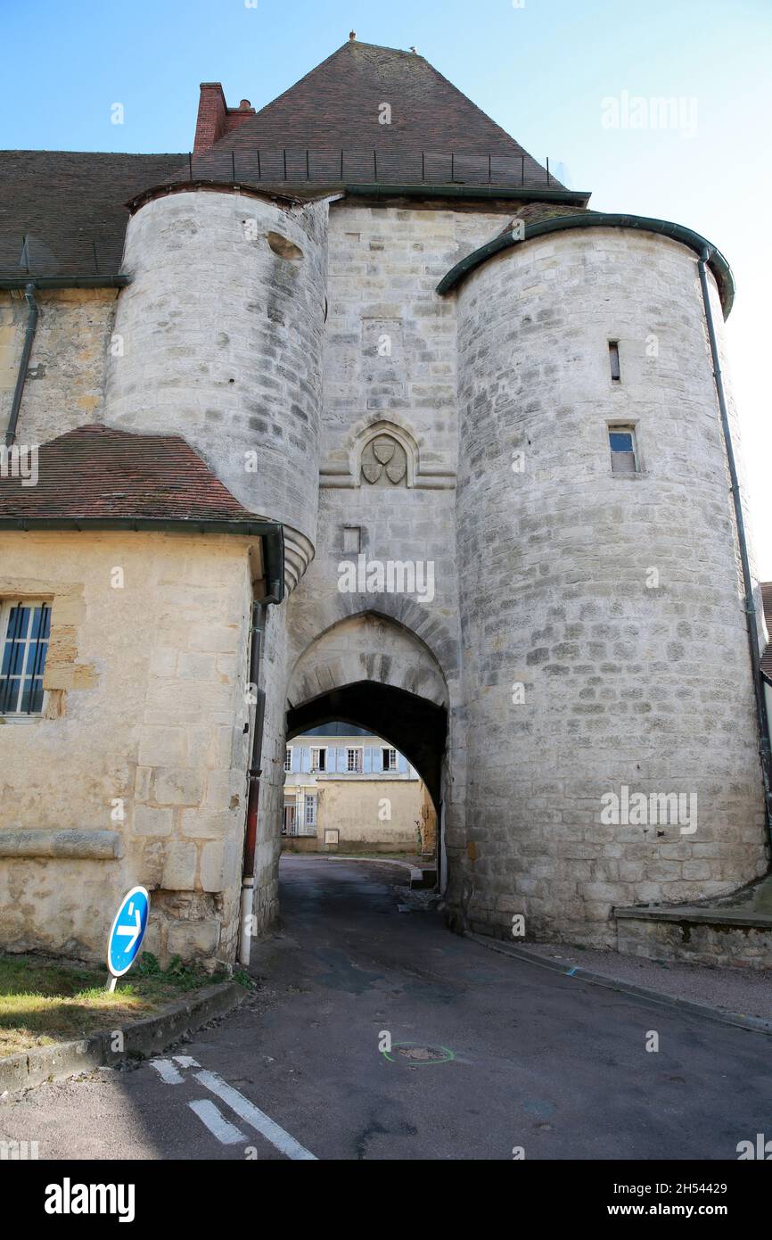 Fortified gate of the castle with a tower and a turret, Prémery, Nievre, Bourgogne-Franche-Comté, Central France Stock Photo