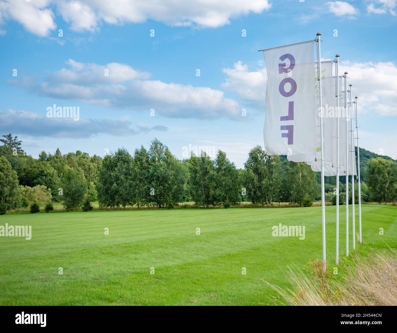 Flags at driving range for practicing golf swing. Nice landscape in