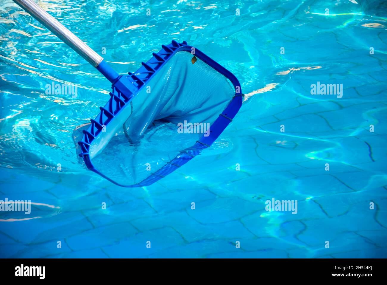 Cleaning pool from garbage with special net. Services of cleaning service company. Clear water with blue tint. Hygiene and healthy lifestyle Stock Photo