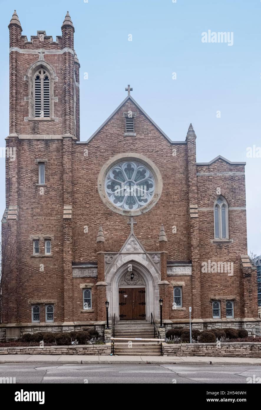 View at the facade of  the Trinity United Church in Kitchener, Ontario, Canada. Stock Photo