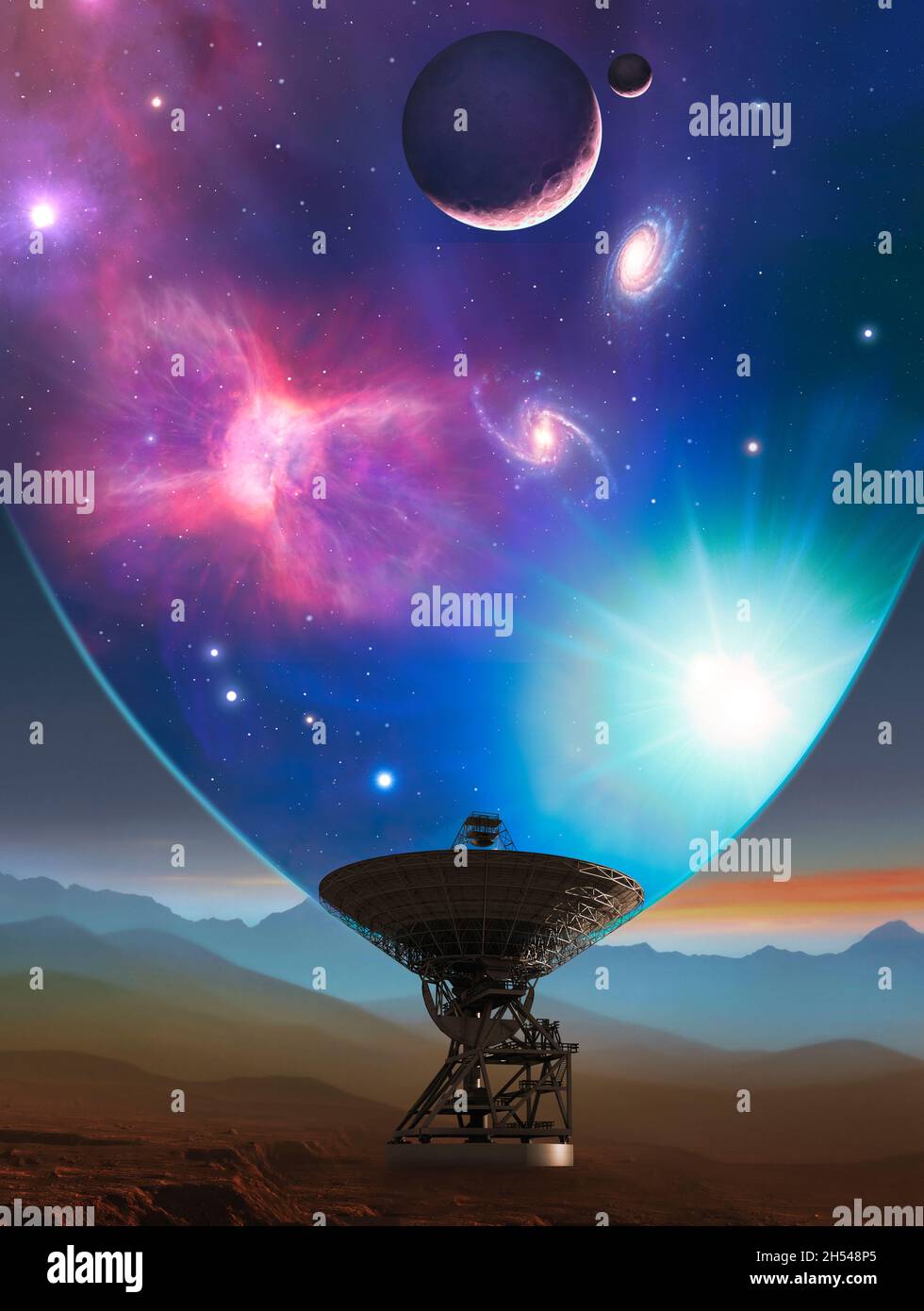 Telescope viewing the universe, illustration Stock Photo