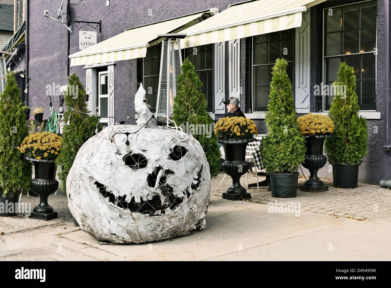 Elora, Ontario, Canada - Oct 17, 2020: Halloween decoration on the street in the town of Elora in Ontario, Canada. Stock Photo