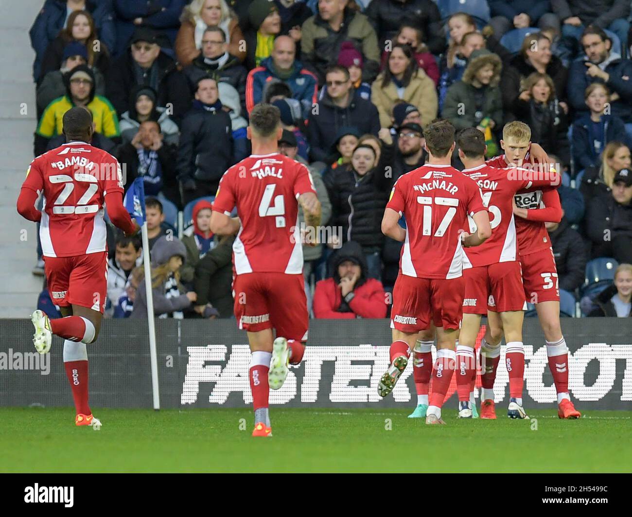Middlesbrough players celebrate with goal scorer Josh Coburn #37 Stock Photo