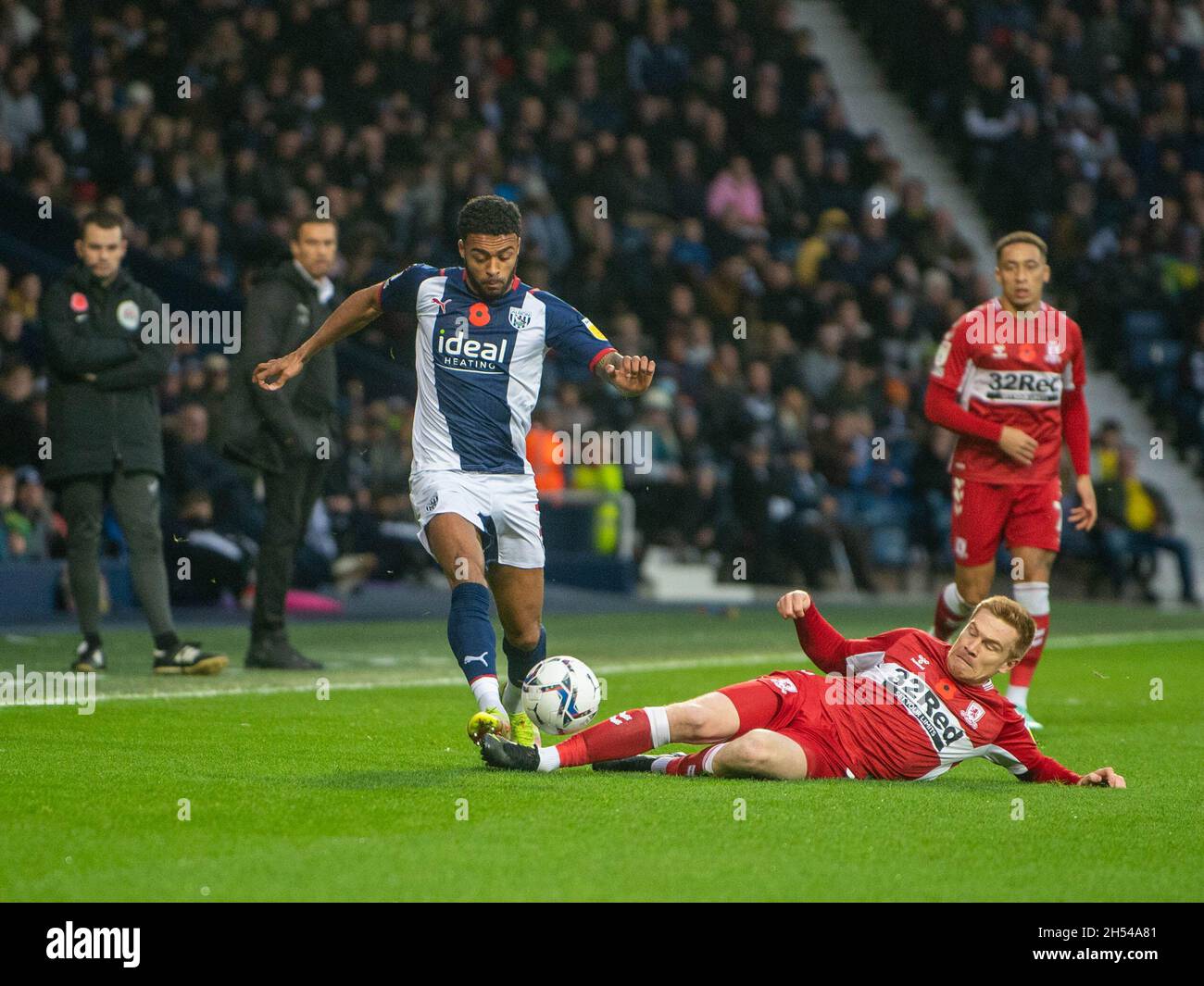 Darnell Furlong #2 of West Bromwich Albion is challenged by Duncan Watmore #18 of Middlesbrough in, on 11/6/2021. (Photo by Gareth Dalley/News Images/Sipa USA) Credit: Sipa USA/Alamy Live News Stock Photo