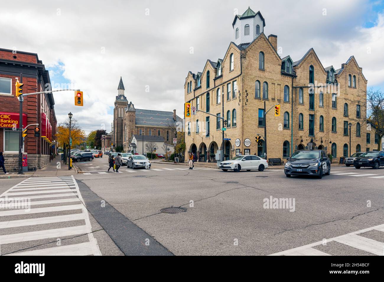 Paris, Ontario, Canada - October 24, 2020: View at the intersection of William Street and Grand River N in Paris Ontario, Canada. Stock Photo