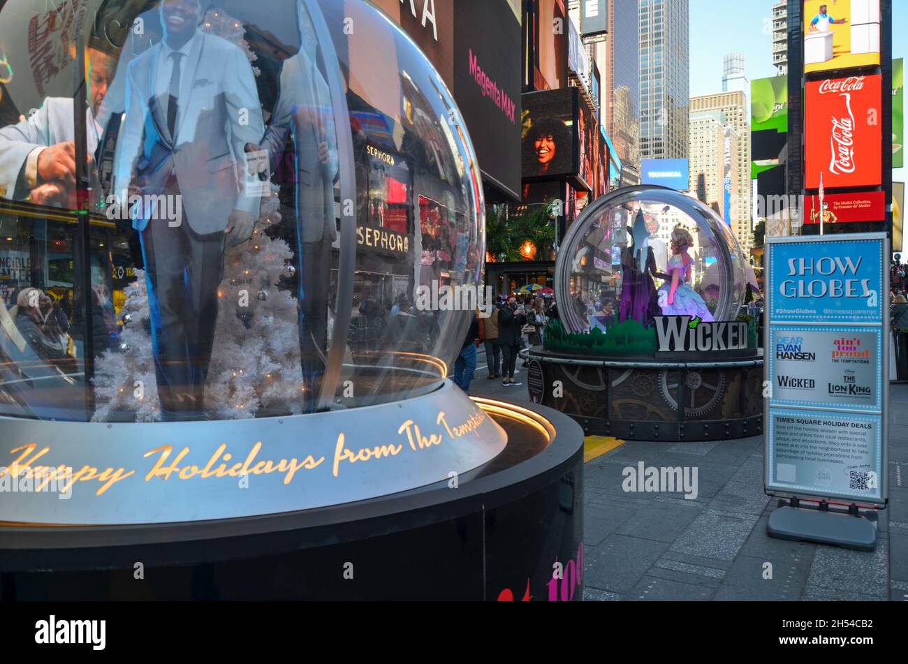 New York City’s Times Square unveiled four giant snow globes inspired by some of Broadway’s most