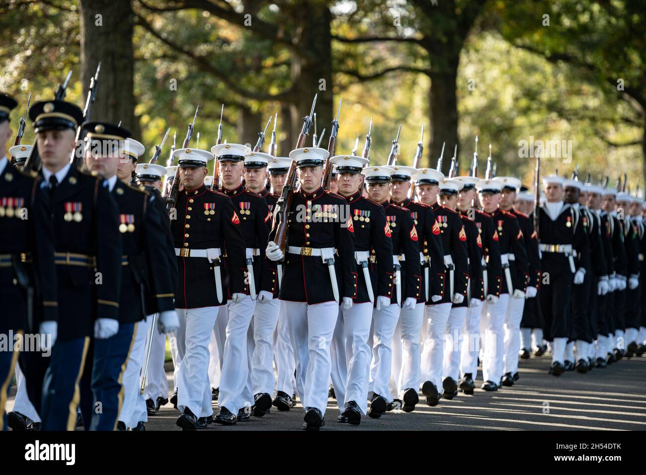 Arlington, United States. 05th Nov, 2021. U.S. Armed Forces Honor Guard, the 3d Army Infantry Regiment, Army Band and Old Guard Caisson Platoon march in a funeral procession behind the flag draped casket of former U.S. Secretary of State Gen. Colin Powell during the full honors funeral at Arlington National Cemetery, November 5, 2021 in Arlington, Virginia. Credit: Elizabeth Fraser/DOD Photo/Alamy Live News Stock Photo