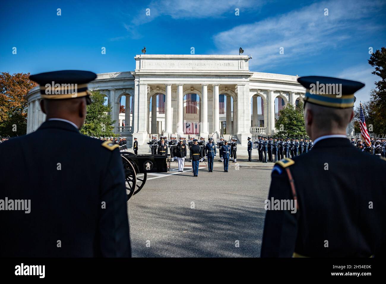 Arlington, United States. 05th Nov, 2021. U.S. Armed Forces Honor Guard, the 3d Army Infantry Regiment, Army Band and Old Guard Caisson Platoon prepare to escort the casket former U.S. Secretary of State Gen. Colin Powell during the full honors funeral at Arlington National Cemetery, November 5, 2021 in Arlington, Virginia. Credit: Elizabeth Fraser/DOD Photo/Alamy Live News Stock Photo