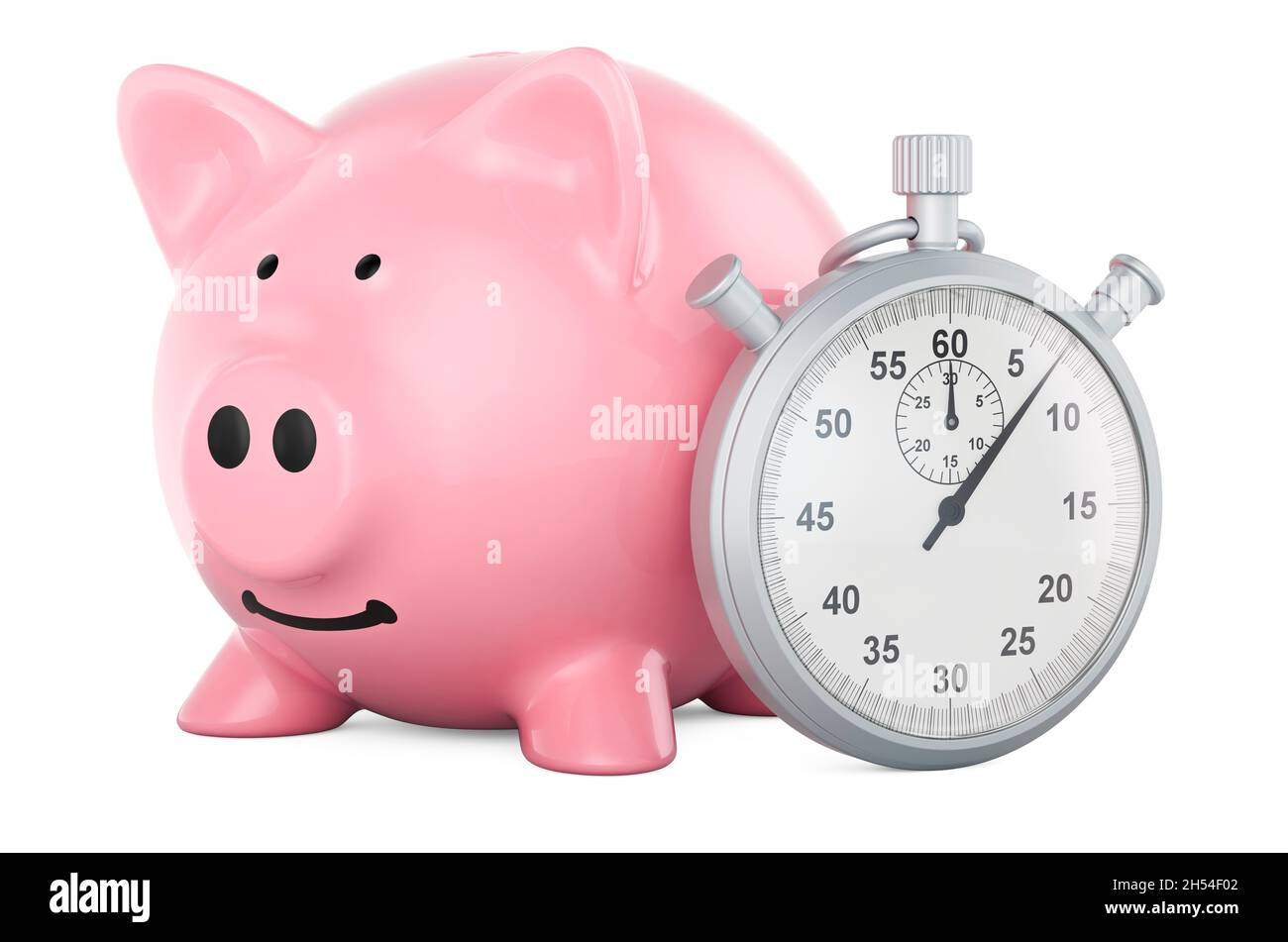Piggy bank with stopwatch, saving money concept. 3D rendering isolated