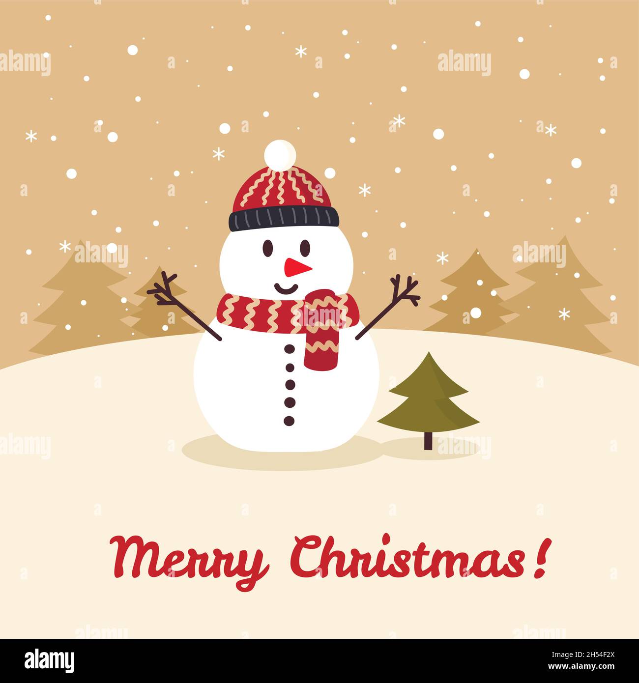 Snowman in hat and scarf with Christmas tree. Merry Christmas and Happy ...