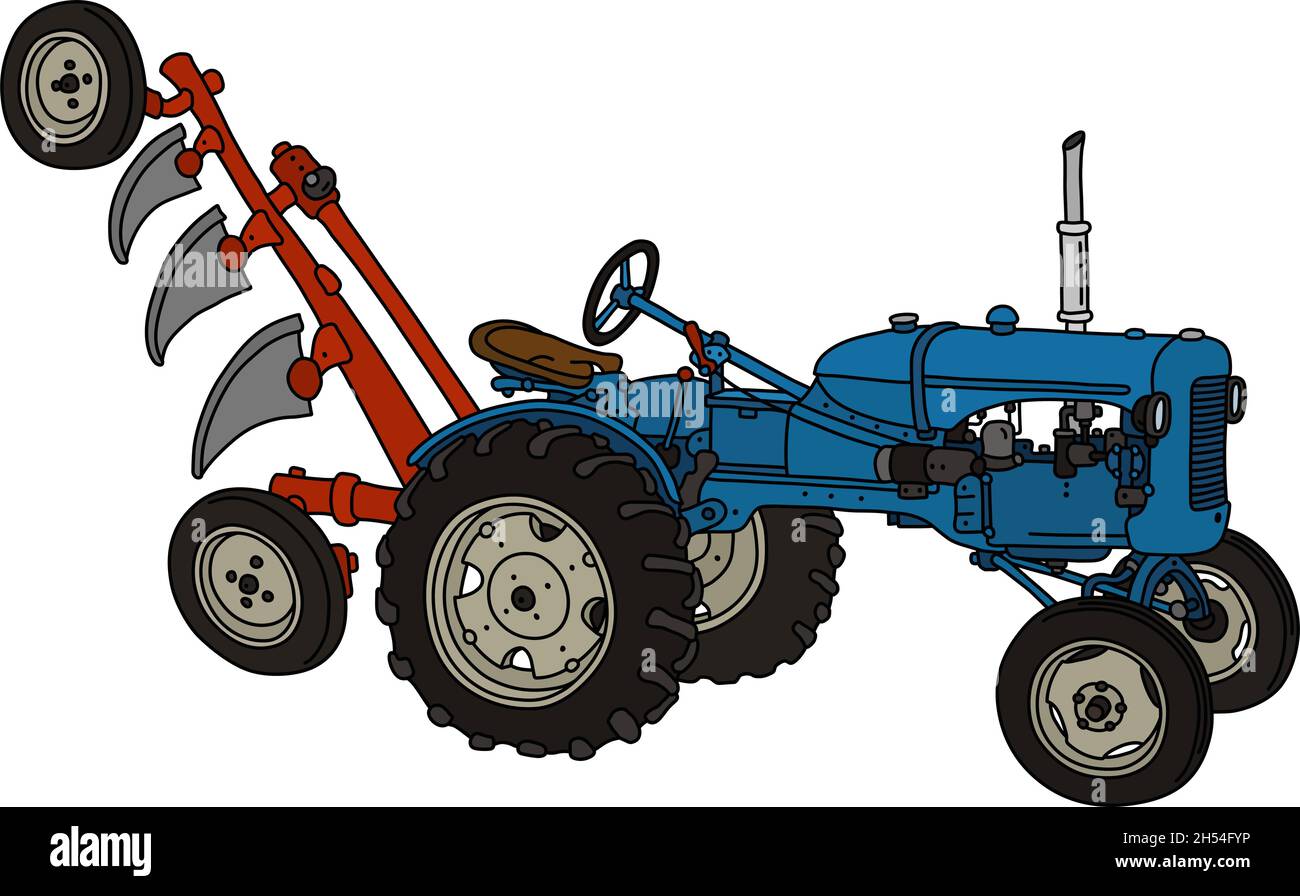The vectorized hand drawing of a vintage blue tractor with a red plough