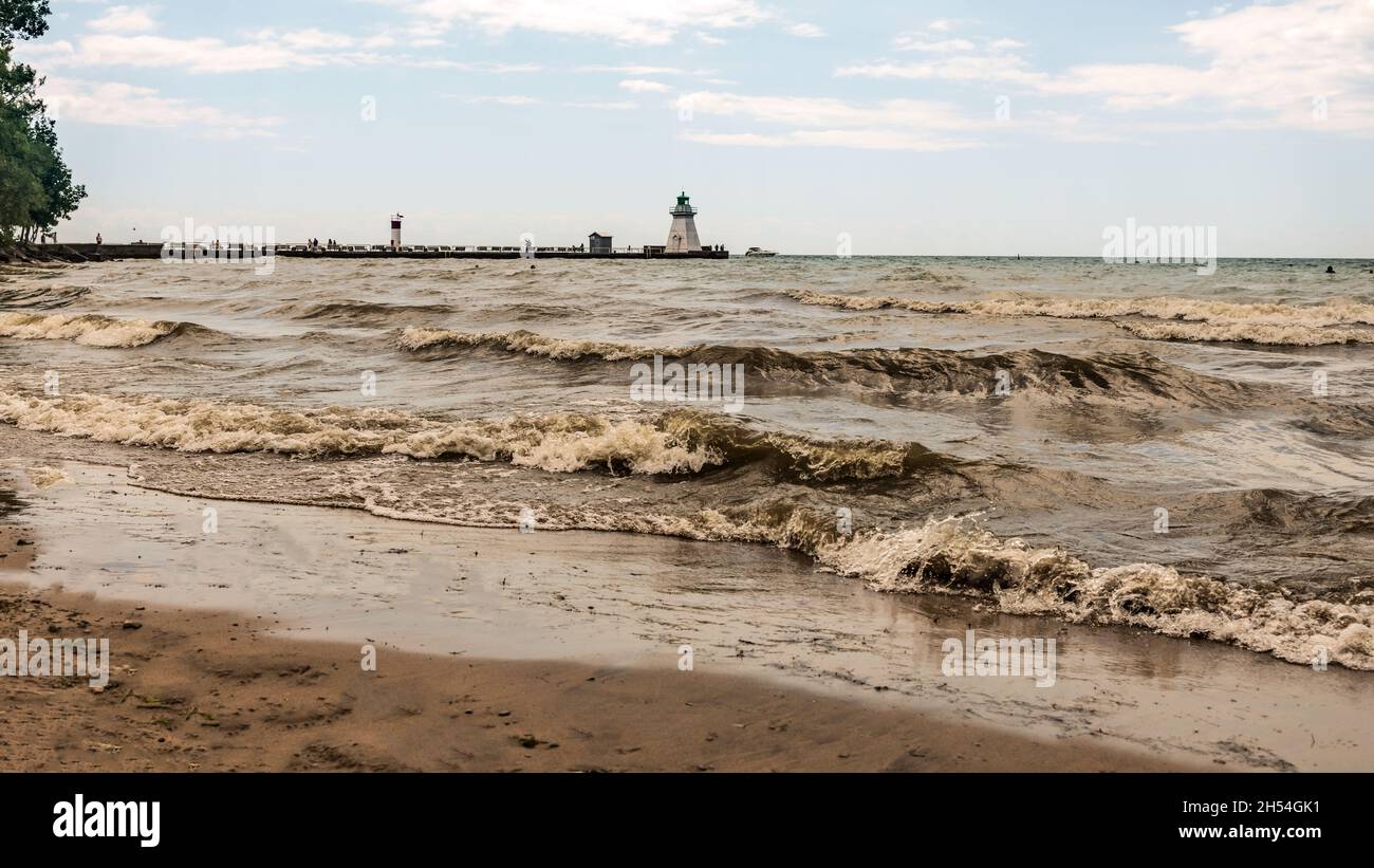 The heritage lighthouse in Port Dover located at the end of the West Pier to the entrance to Port Dover harbour, on Lake Erie, Ontario, Canada. Stock Photo
