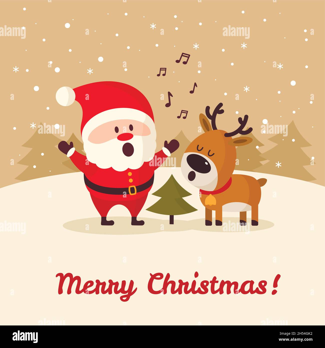 Santa Claus with deer singing near Christmas tree. Merry Christmas and ...