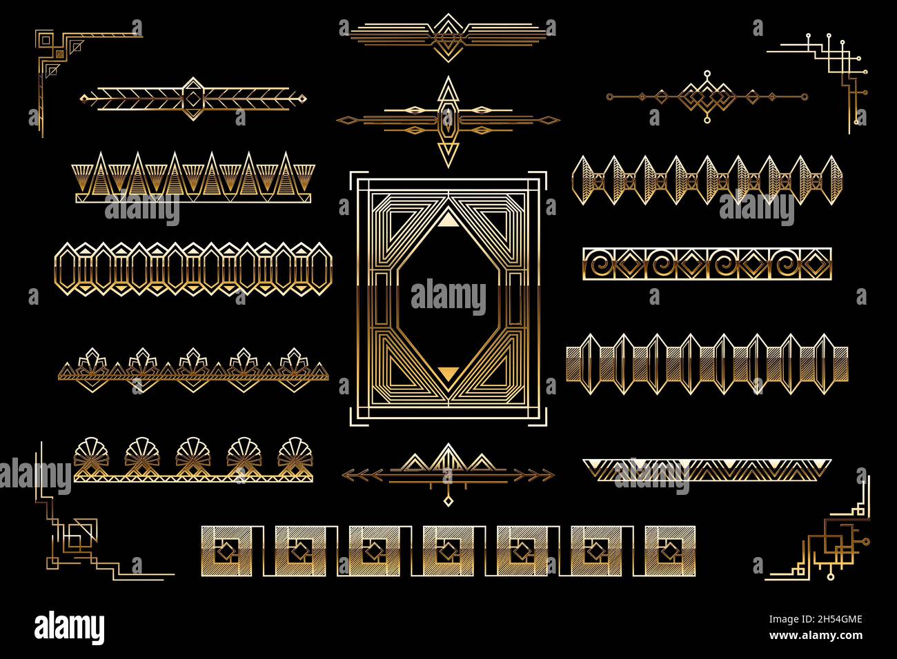 Golden art deco decorative elements set. Frames, dividers and borders