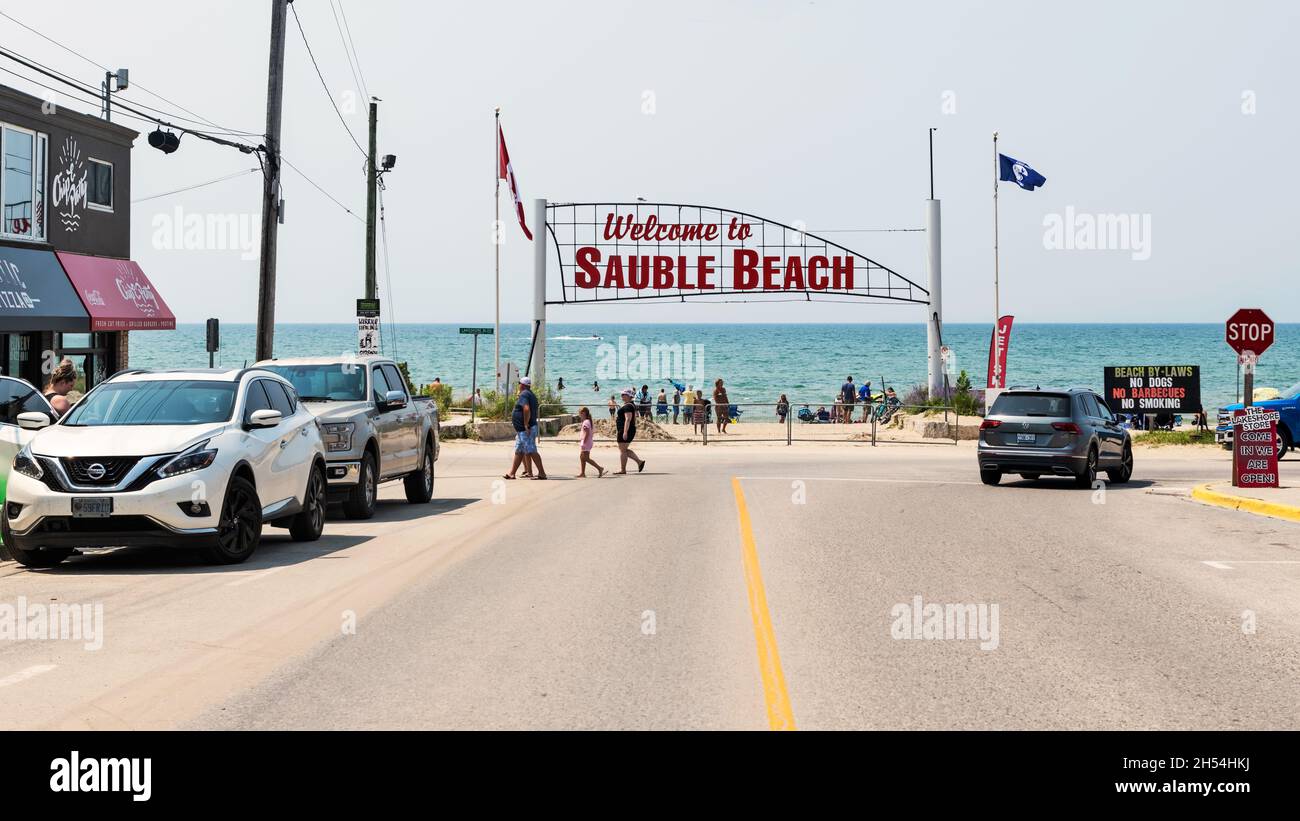 Sauble Beach, Ontario, Canada - August 5, 2021: View at the entrance sign into Sauble Beach on Lake Huron, Ontario, Canada Stock Photo