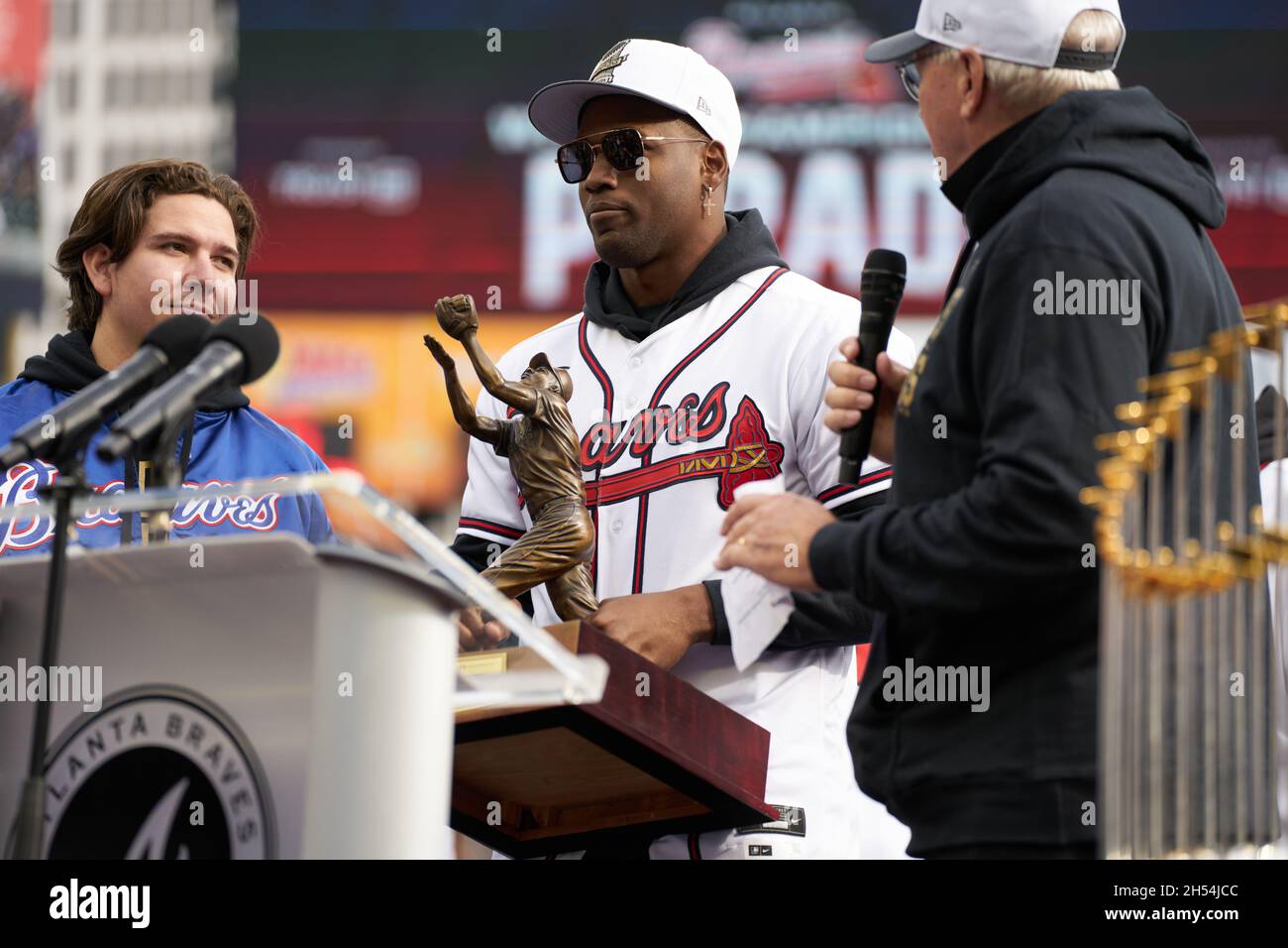 Atlanta, USA. 05th Nov, 2021. Worls Series MVP Jorge Soler addresses fans  at a ceremony after a parade to celebrate the World Series Championship for  the Atlanta Braves at Truist Park in