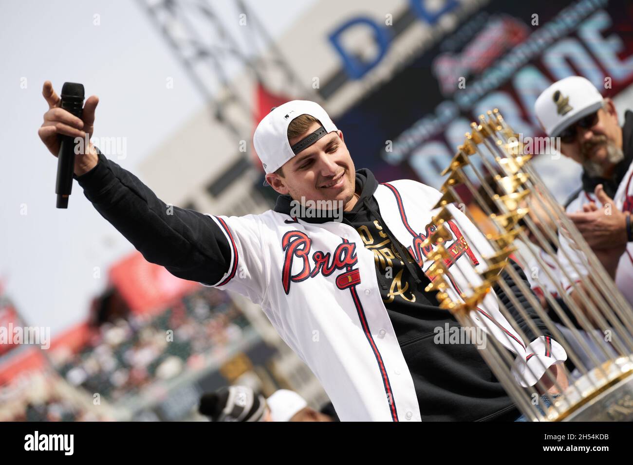 Atlanta, USA. 05th Nov, 2021. Third Baseman Austin Riley addresses fans at  a ceremony after a parade to celebrate the World Series Championship for  the Atlanta Braves at Truist Park in Atlanta