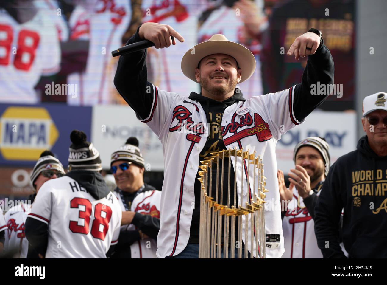 Atlanta, USA. 05th Nov, 2021. Pitcher Tyler Matzek addresses fans at a  ceremony after a parade to celebrate the World Series Championship for the  Atlanta Braves at Truist Park in Atlanta, Georgia