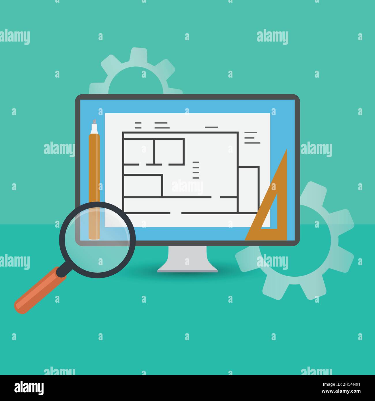 Computer screen with pen, set square and magnifying glass Stock Vector