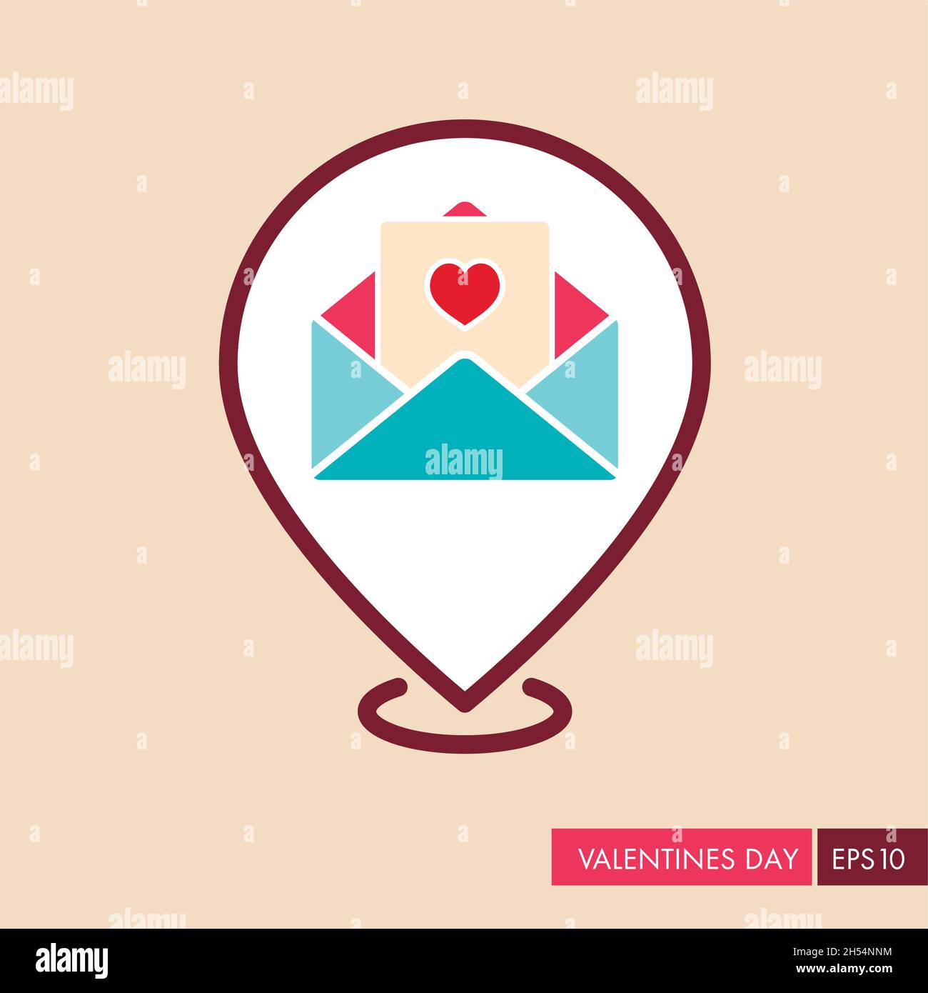 Happy Valentine day Card in envelope pin map icon. Map pointer. Heart ...