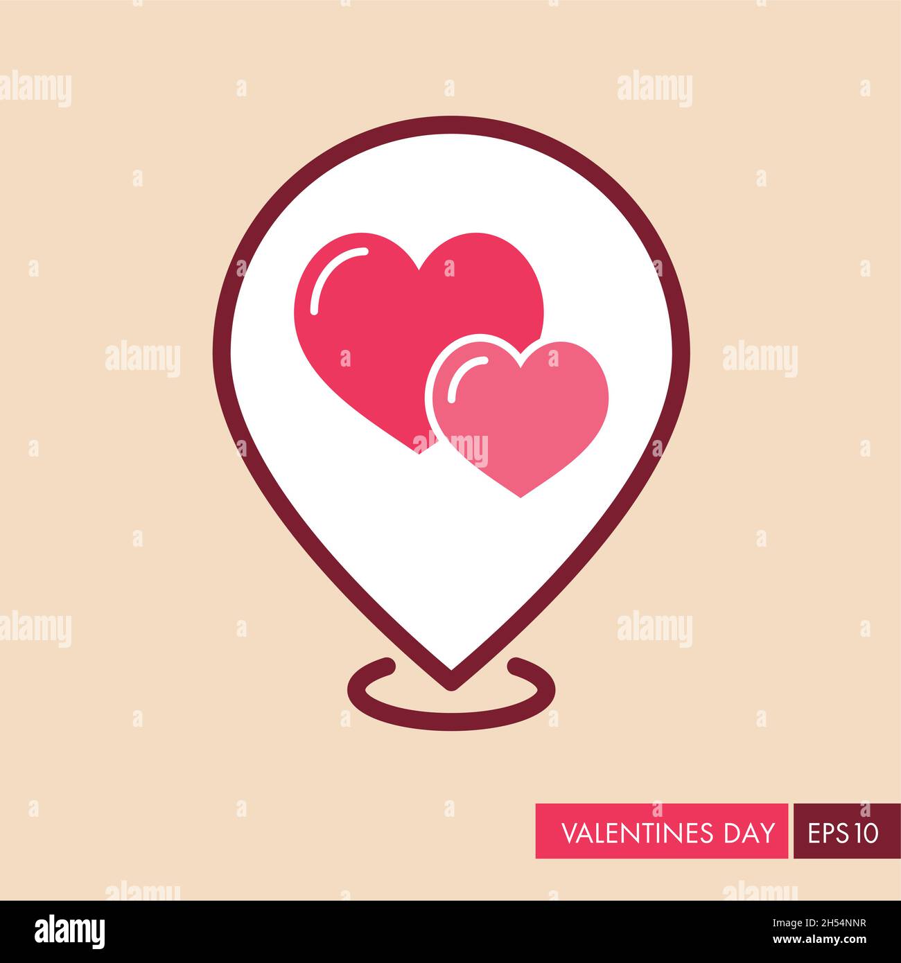 Two heart linear vector pin map icon. Valentine day symbol. Map pointer ...