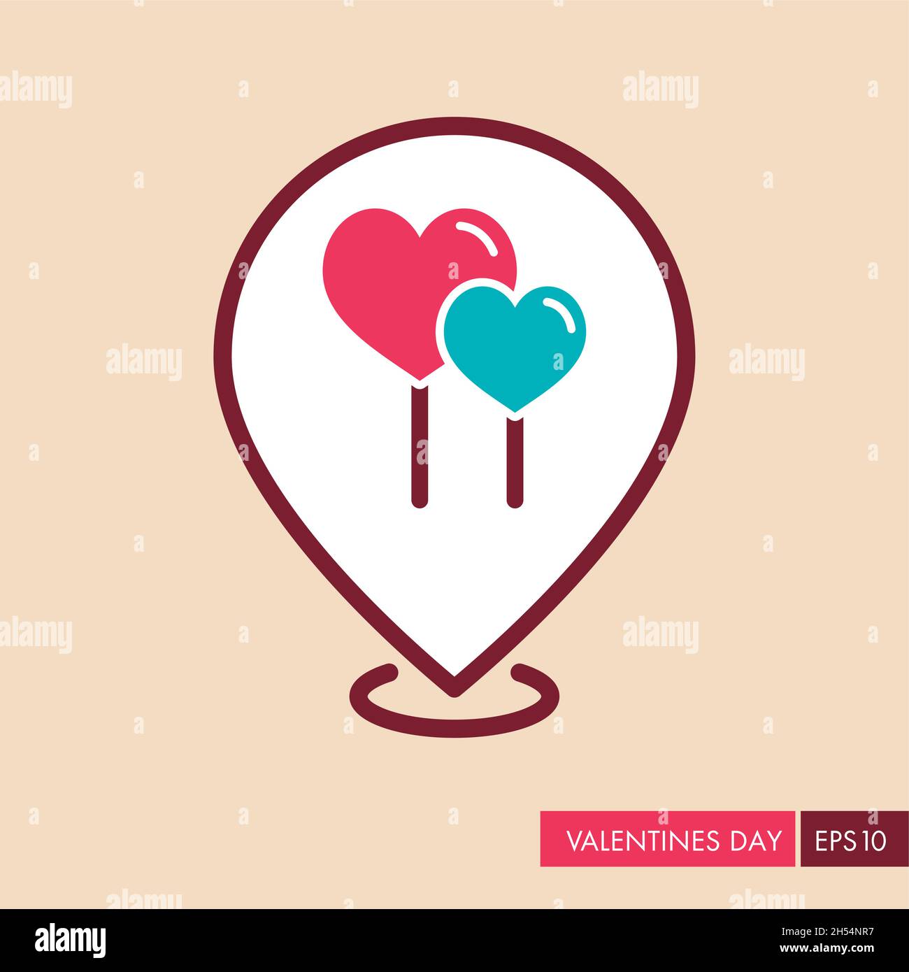 Romantic desserts. Sweet Valentines Day greeting. Map pointer. Two red heart lollipops pin map icon Stock Vector