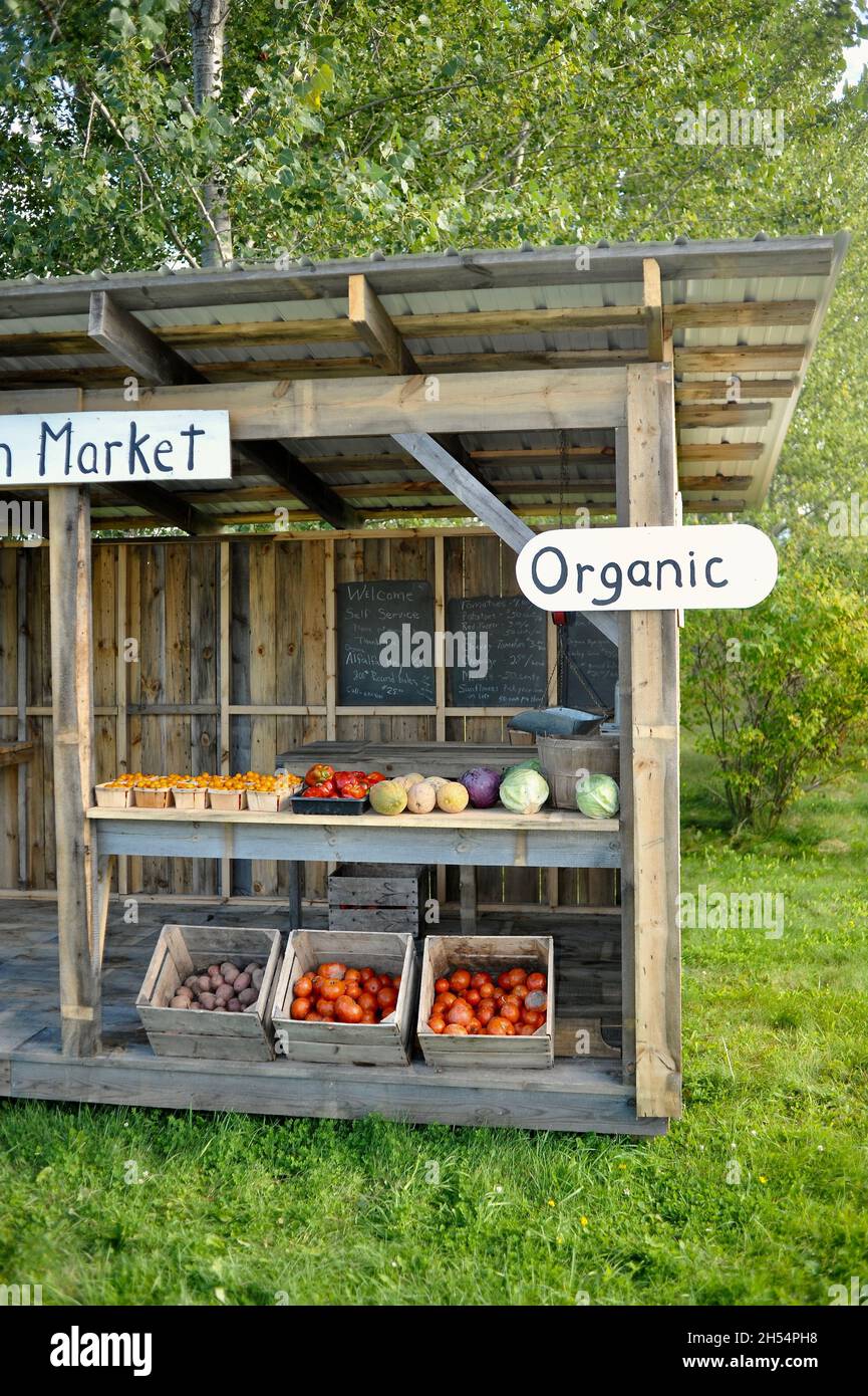 Community Farm Market roadside stand featuring fresh, local organic produce, Ashland, Wisconsin, USA Stock Photo