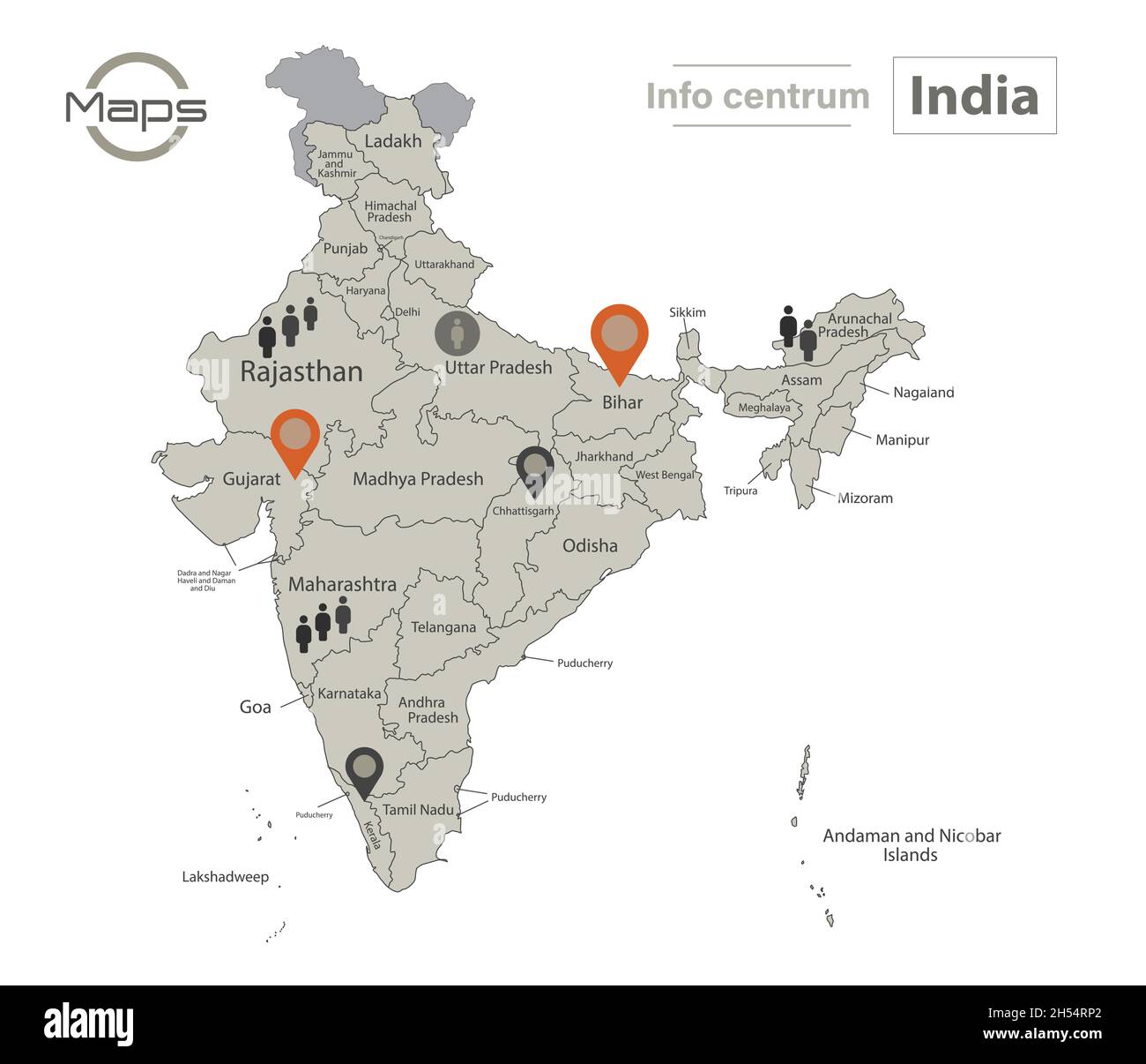 India map, individual regions with names, Infographics and icons vector Stock Vector