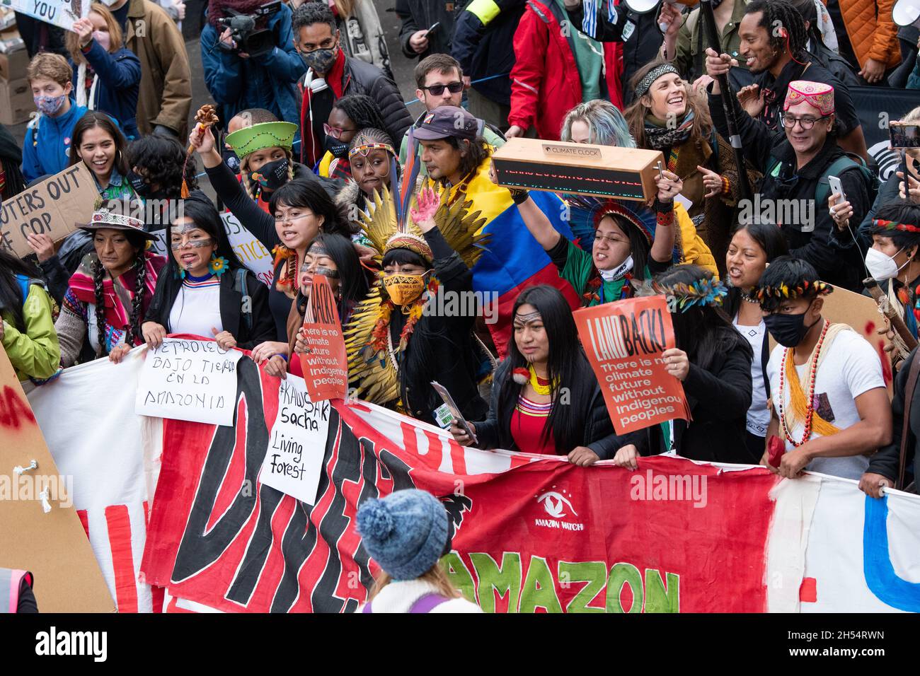 Glasgow, Scotland - Fridays for Future march led by indigenous peoples including Amazonian youth from Brazil and Ecuador and activists from Kenya Stock Photo