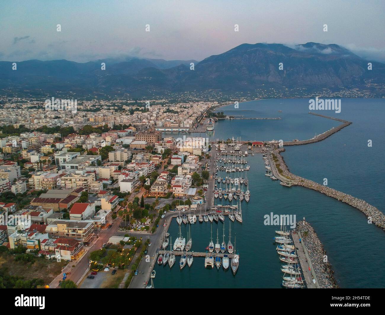 Idyllic landscape above Kalamata's Marina at sunset. Aerial photo over 