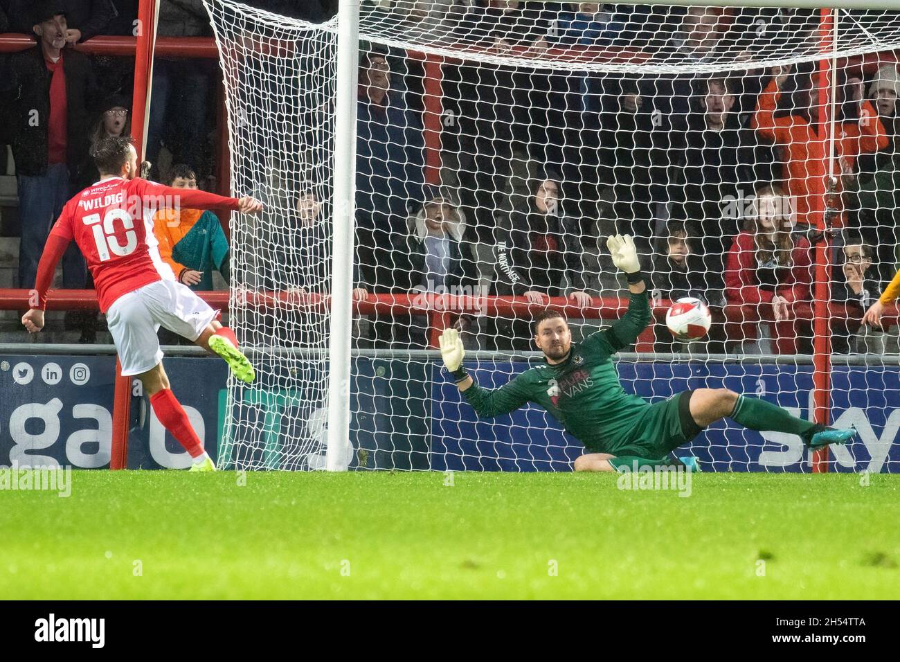 Morecambe, UK. 06th Nov, 2021. Aaron Wildig of Morecambe (10) scores his teams 1st goal. The Emirates FA Cup 1st round match, Morecambe v Newport County at the Mazuma Stadium in Morecambe, Lancashire on Saturday 6th November 2021. this image may only be used for Editorial purposes. Editorial use only, license required for commercial use. No use in betting, games or a single club/league/player publications.pic by Credit: Andrew Orchard sports photography/Alamy Live News Stock Photo