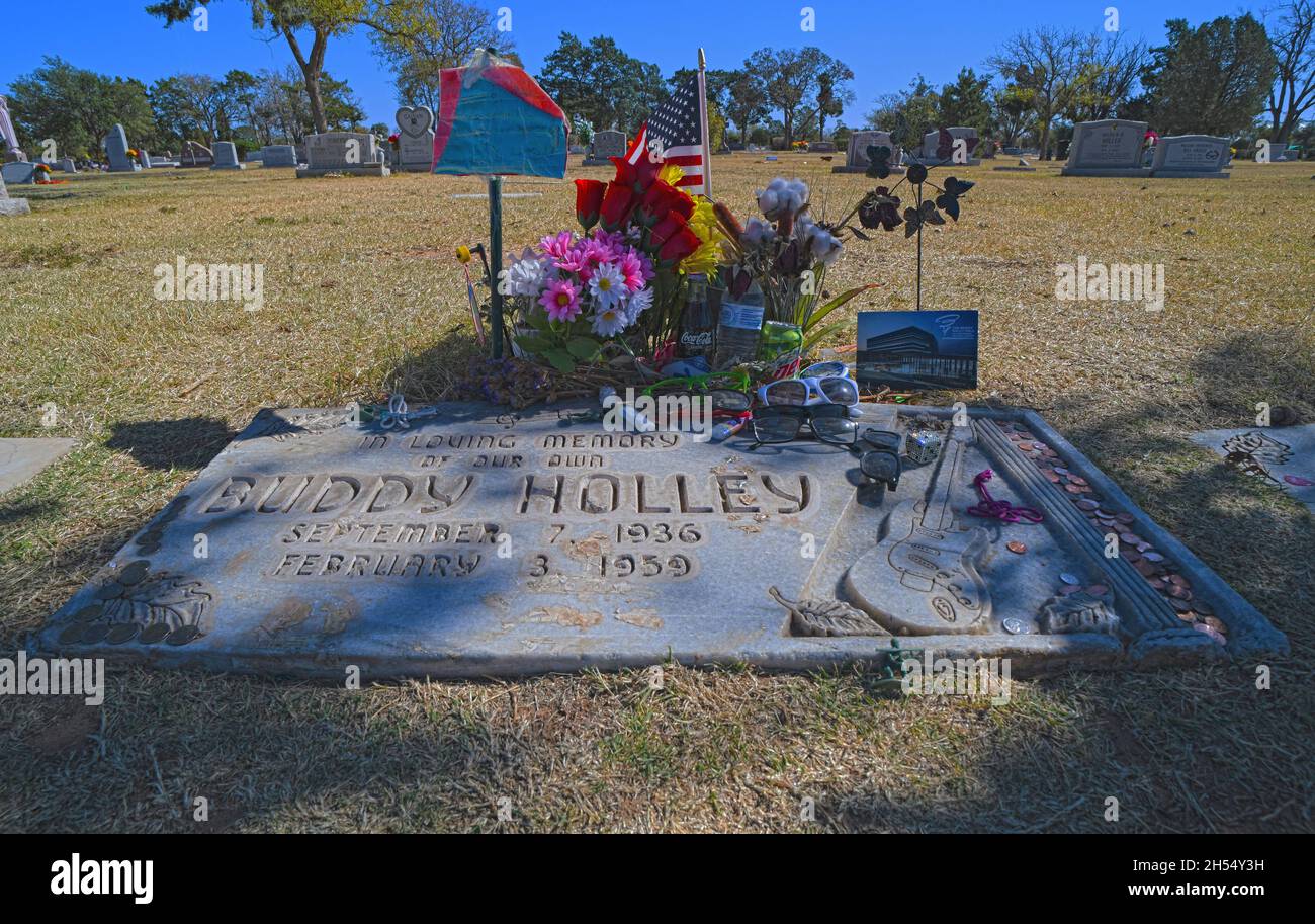 The gravesite of Lubbock, Texas musician and native Buddy Holly.  A young rock and roll musician who originated rockabilly and rock and roll. Stock Photo