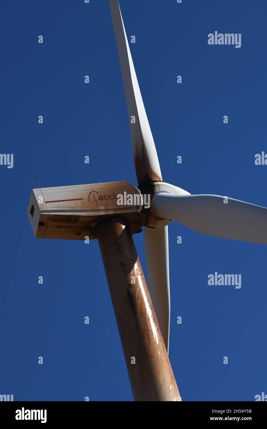 Wind turbines leaking oil and near possible failure. Stock Photo