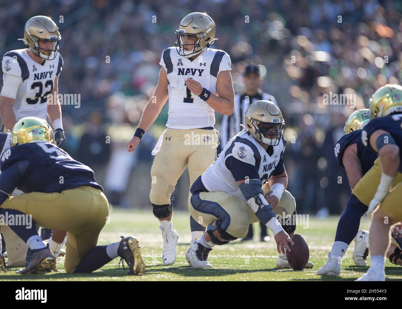 South Bend, Indiana, USA. 06th Nov, 2021. Navy quarterback Tai Lavatai (1) directs the offense during NCAA football game action between the Navy Midshipmen and the Notre Dame Fighting Irish at Notre Dame Stadium in South Bend, Indiana. Notre Dame defeated Navy 34-6. John Mersits/CSM/Alamy Live News Stock Photo