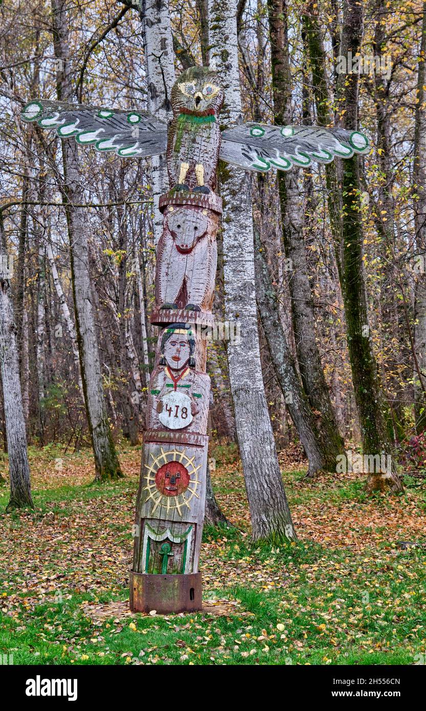 Totem located near the Welcome Centre in Ignace Ontario Canada. Stock Photo