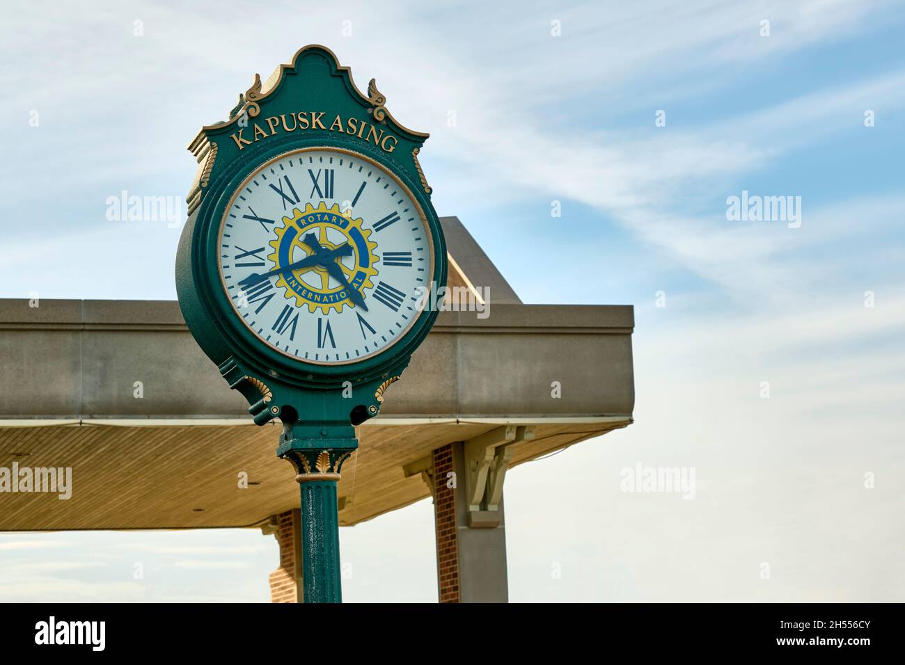Clock donated by Rotary International located at the Welcome Centre in Kapuskasing Ontario. Stock Photo