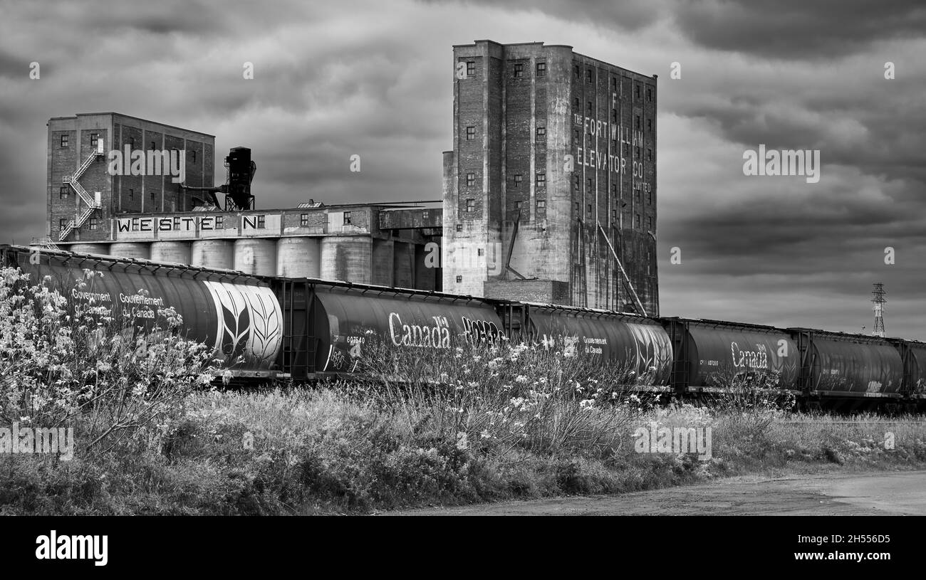 Old grain elevators in the former town of Fort William now part of the City of Thunder Bay. Stock Photo