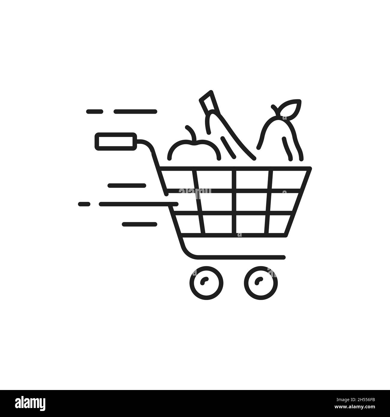Shopping trolley push cart with grocery products, fast online order and delivery isolated outline icon