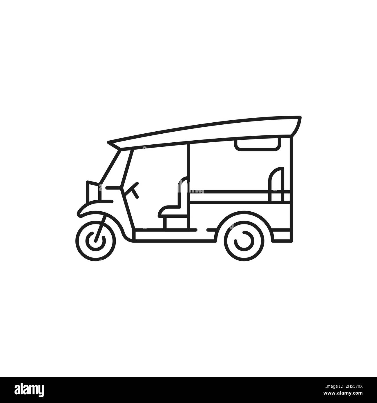 Thai traditional tuk tuk car isolated thin line icon. Vector popular transportation vehicle in Phuket and Bangkok, Thailand. automobile or bike with t Stock Vector