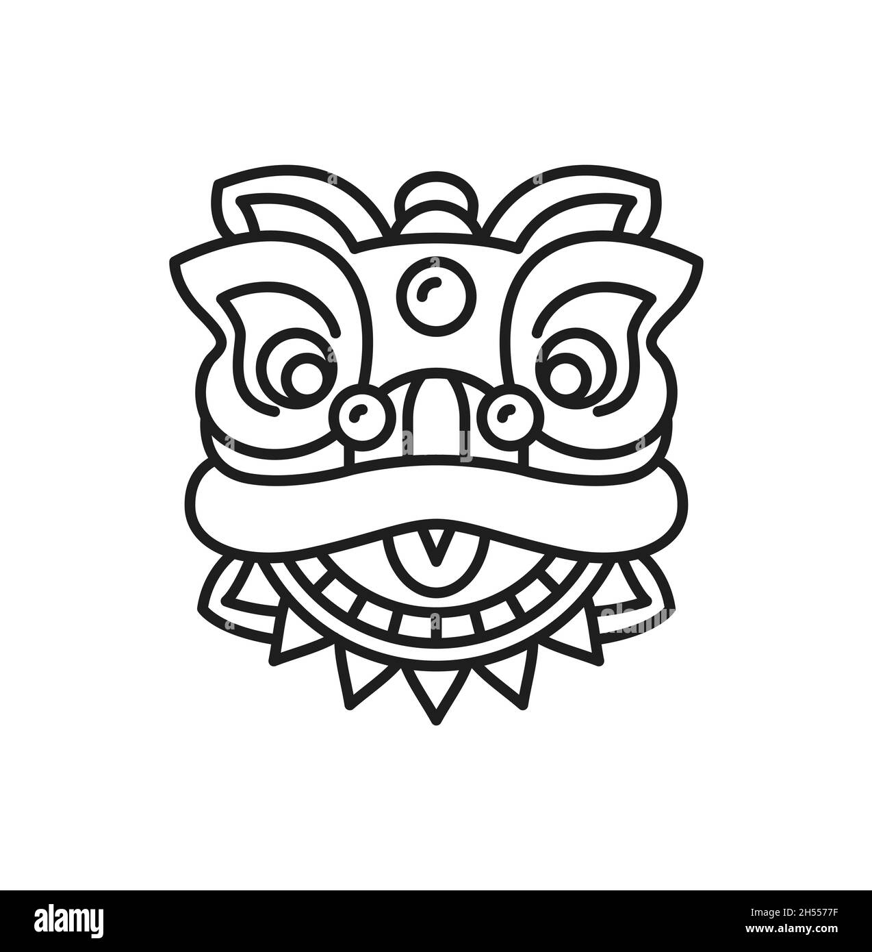 Chinese lion dancer head isolated thin line icon. Vector foo dog portrait, ancient traditional monster from China, face mask to dance on Chinese New Y Stock Vector