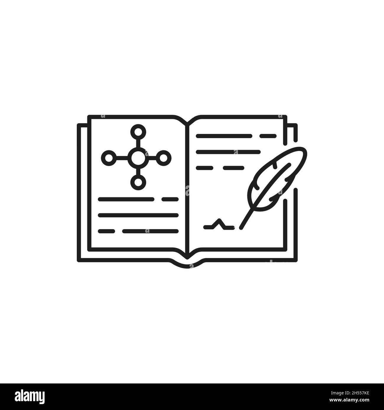 Genetics engineering book, medical journal to write down results of tests and experiments isolated thin line icon. Vector laboratory notes, molecule o Stock Vector