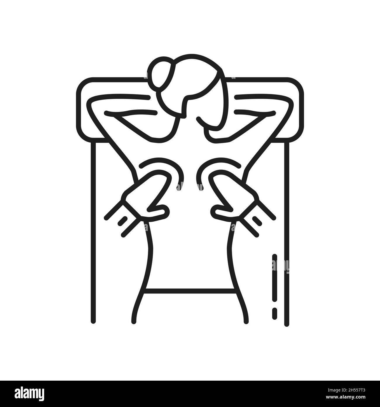 Massage isolated outline icon. Vector physiotherapist massaging womans back, chiropractic, rehabilitation. Relaxing person on bed, hands of masseur. T Stock Vector