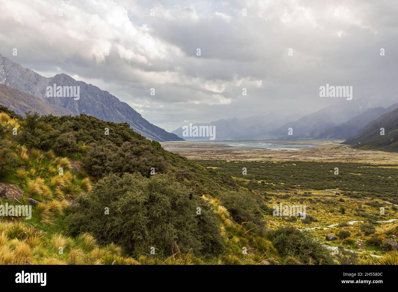 Valley between mountains near Lake Tasman. New Zealand Stock Photo