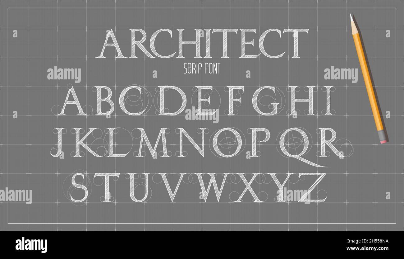 Blueprint architecture font. Capital serif letters alphabet. Sketch