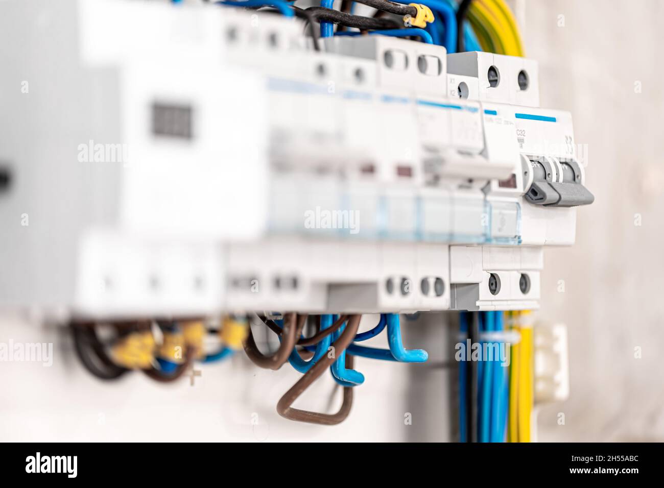 Voltage switchboard with circuit breakers, close up Stock Photo Alamy